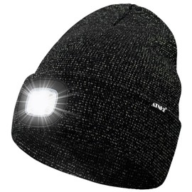 ATNKE LED Lighted Beanie Hat,USB Rechargeable 4 LED Running Headlamp Bright Cap with The Light Gifts for Men and Women/#Blended Black Goldwire