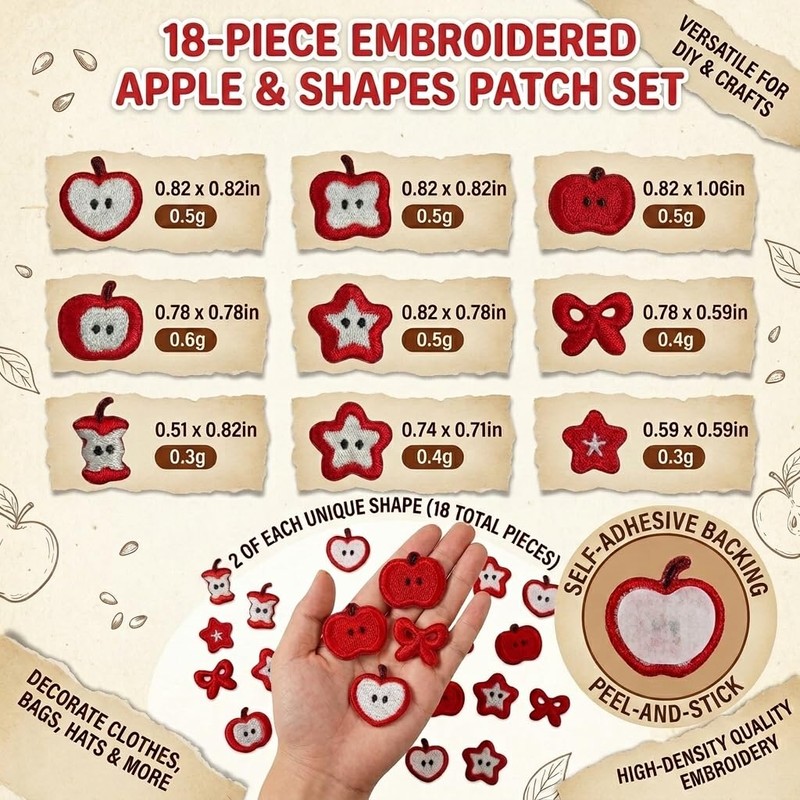 18PCS Cute Apple Self-Adhesive Embroidery Patch for Clothing Sewing Craft