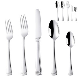 45 Pieces Flatware Set for 8, 18/10 Stainless Steel Heavy Silverware Set, Modern Everyday Silverware Spoons Forks Knives and Serving Utensils Set, Unique Beaded Texture