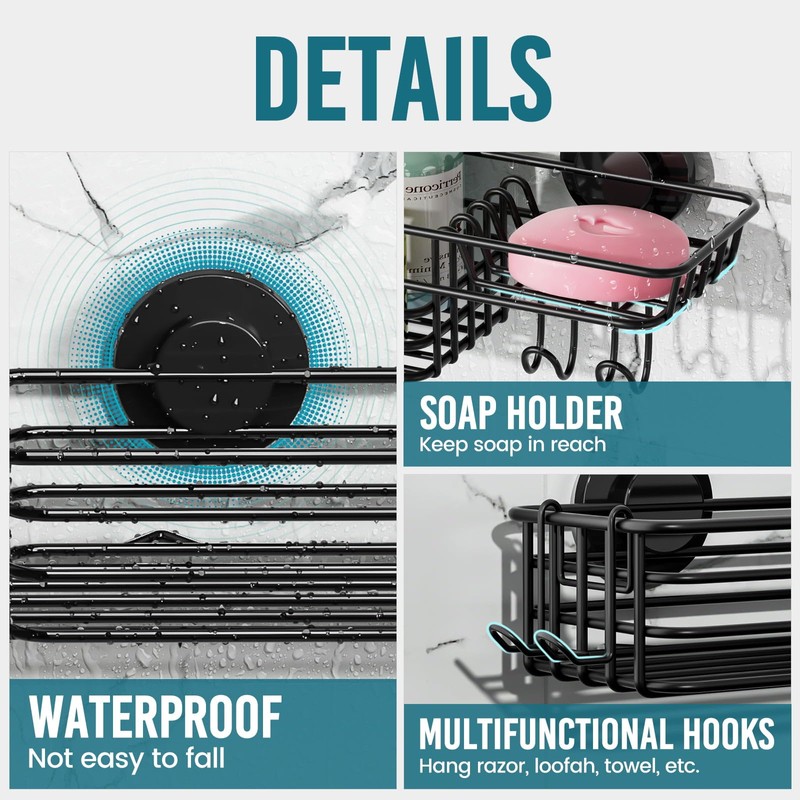 TAILI Shower Caddy Suction Cup with Hooks and Soap holder,