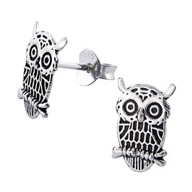 Laimons – Stud Earrings – 925 Sterling Silver – Kids – Owls – Oxidised – Shiny