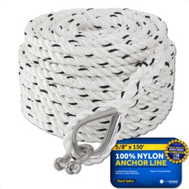 Five Oceans Anchor Line 5/8" x 150', Anchor Rope Line, Marine Premium 3-Strand White Nylon Boat Anchor Rope - Stainless Steel Thimble and Shackle, Ideal for Mooring Anchoring Towing - FO4488-C150