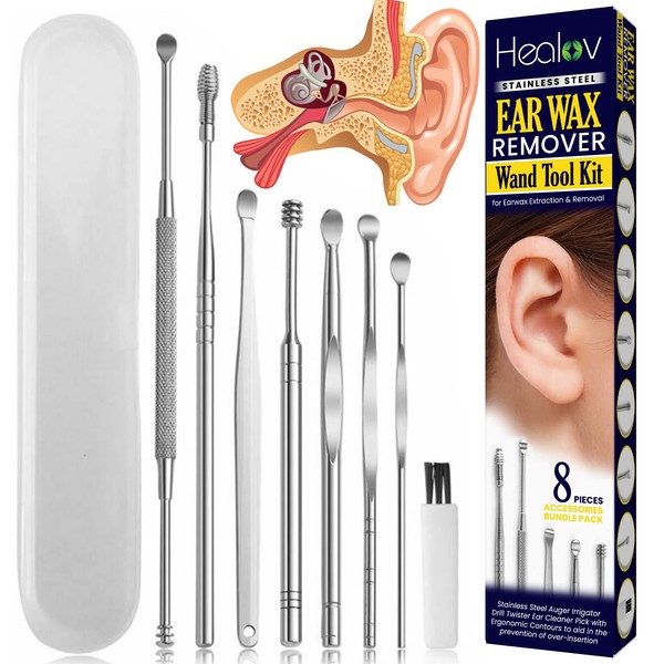 Ear Wax Remover Extractor Wand Tool Kit for Earwax Removal & Extraction – Stainless Steel Auger Irrigator Drill Twister Ear Cleaner Pick – 8pc Ear Cleaning Accessories Bundle Pack