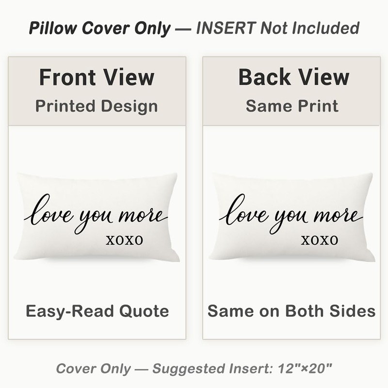 Throw Pillow Covers 12x20 Inch, Love You More XOXO, White