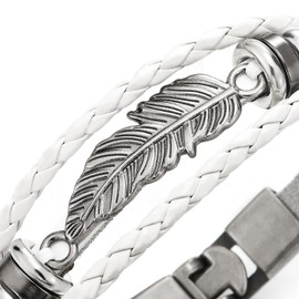 Vintage Feather Leaf White Braided Leather Bracelet for Men Women, Three-Row Leather Wristband(CA)