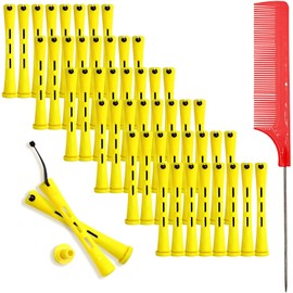 48 Pcs Small Perm Rods,Perm Rods for Long Hair,Hair Rods for Curls Hairs with Rat Tail Combs and Steel Pintail,Heatless Rollers for Hairdressing Styling Essential Tools(0.28 x 3.23 Inch Yellow)