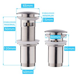 Keymark Universal Drain Fitting with Overflow Brushed Nickel - Keymark Universal Drain Valve Drain Fitting for Sink & Washbasin - Brass Pop Up Drain Plug