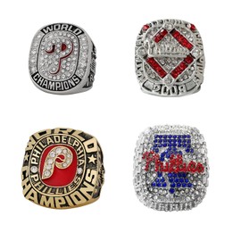 RyDdpz GIFT SET PHILADELPHIA COMMEMORATIVE RINGS FOR 6-TIMES BASEBALL CHAMPIONSHIPS, 4 RINGS SET WITH 4-HOLE WOODEN DISPLAY BOX PACKAGING, HOLIDAY GIFT FOR BASEBALL FANS, Cubic Zirconia, Cubic