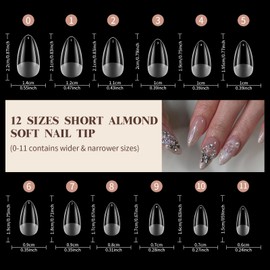 Venares Short Almond Nail Tips, Pack of 500 Full Cover Nail Tips for Gel Nails, 12 Sizes, Short Nail Tips, Clear Soft Gel Tips, Pre-buff Artificial Nails for Sticking, Short with Box - XS
