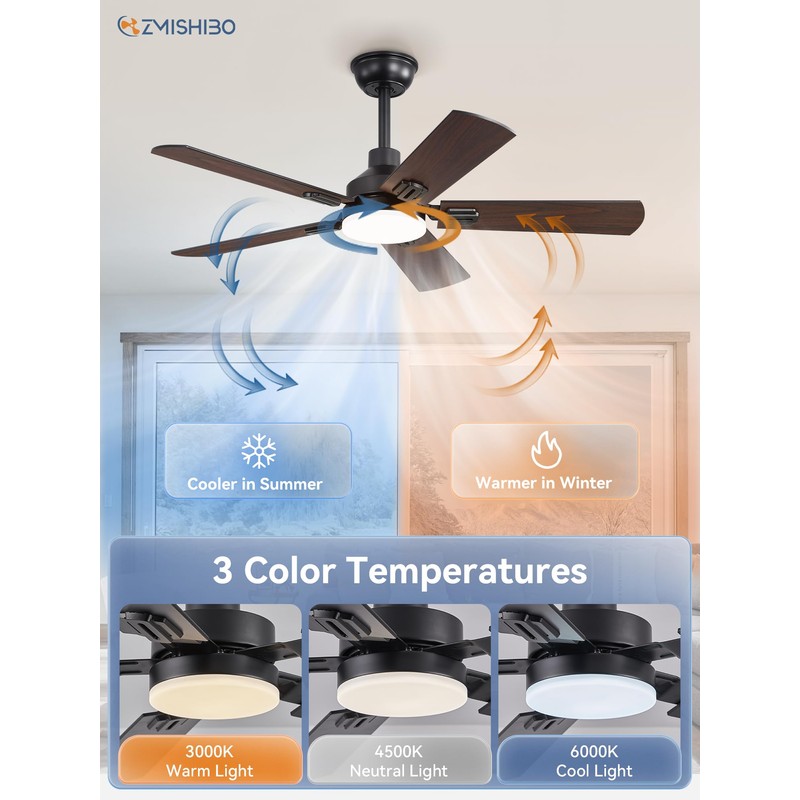 ZMISHIBO 44" Ceiling Fans with Lights, Black Modern Ceiling Fan