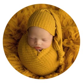 Zeroest Newborn Baby Photography Props Wrap Hat Newborn Wraps for Infant Boys Girls Photoshoot Photo Posing Stretch Blanket (Mustard)