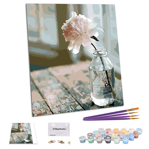TAHEAT DIY Peinture par Numéros Kit pour Adultes Débutant, Fleurs Peinture par Numéros sur Toile DIY Peinture Acrylique 16x20 Pouces - Fleur dans la Bouteille sans Cadre