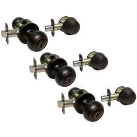 3 Sets Dark Oil Rubbed Bronze Entry Entrance Round Knob with Matching Single Cylinder Deadbolt Combo Pack Keyed Alike