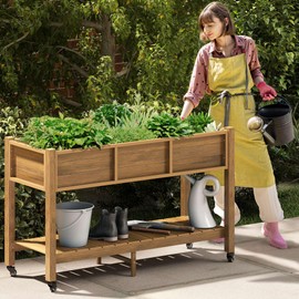 YITAHOME Raised Garden Bed, 47x18x31 Inch HIPS Poly-Wood Weather-Resistant Elevated Planter Box with Lockable Wheels & Storage Shelf for Vegetable Flower, Brown