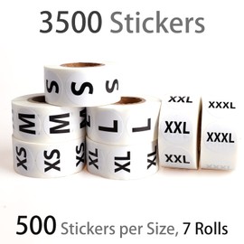 3500 PCS Clothing Size Stickers Labels 7/8" Round Self Adhesive Size Stickers for Clothing T Shirts Retail, 7 Sizes (XS, S, M, L, XL, XXL, XXXL)