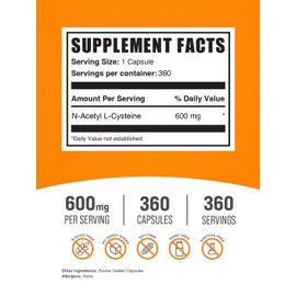 BulkSupplements.com N-Acetyl L-Cysteine Capsules - N-Acetyl Cysteine 600mg, NAC Supplement - 600mg per Capsule, Gluten Free - 1 NAC Capsule per Serving, 360 Capsules (Pack of 1)