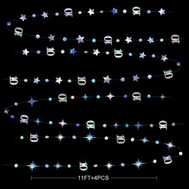 Iridescent 10th Birthday Number 10 Sign Circle Dot Twinkle Star Streamer Holographic Metallic Hanging Garland Backdrop for Girls Boys Ten Year Old Birthday 10th Anniversary Party Decorations Supplies