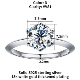 SAMIOVJ Moissanite Rings for Women, D Color Round Solitaire Lab Created Diamond Ring 18K White Gold Plated 925 Sterling Silver 6 Prong Moissanite Engagement Ring