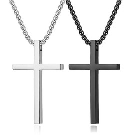 VQYSKO Cross Necklace for Men Women, CZ 14k Gold Plated Stainless Steel Plain Simple Cross Pendant Necklace for Men (20, 2Pcs Silver+Black), Stainless Steel, stainless steel