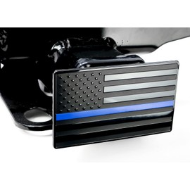 LFPartS USA Flag Emblem Metal Trailer Hitch Cover (Fits 2" Receivers, Black with Blue Line)