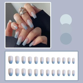 Gifiky Long Coffin Press on Nails French Galaxy Fake Nails Full Cover Nails Tips Gradient Blue False Nails for Women and Girls 24Pcs