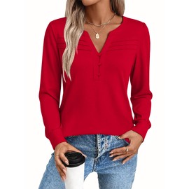 Rapbin Long Sleeve Shirts for Women Henley V Neck Dressy Casual Tops 2025 Trendy Work Blouse Red