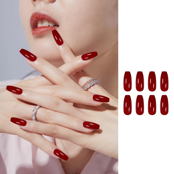 24 Pcs Long Red Coffin Shape False Nails, Press on