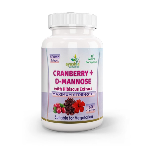 Ayushya Cranberry D-Mannose with Hibiscus Extract Capsules UTI Bladder Support Cystitis,Natural,60 Capsules (Pack of 1)