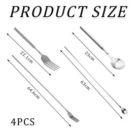 4 Piece Retractable Cutlery, Retractable Cutlery with Long Handles, Stainless Steel Fork and Spoon Set, Reusable Cutlery Set, Portable Cutlery Set