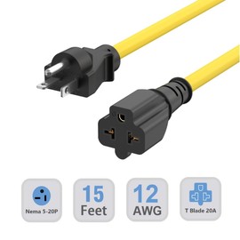 15-Ft 12AWG Nema 5-20P Extension Cord 20 Amp 125V Plug 5-20 Heavy Duty Extension Cable, (4 in 1) Nema 5-20R, 5-15R, 6-15R, 6-20R Female T Blade 20Amp Plug Adapter Cable, 125V-20A AC Power Cord