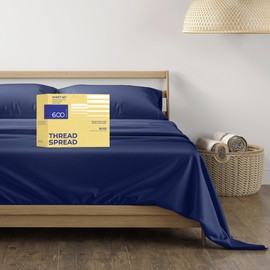 THREAD SPREAD 600 Thread Count Sheets Queen - 100% Egyptian Cotton Sheets Queen Size, 4 PC Luxury Sheets Queen Size, Soft, Cooling, Extra Long Staple 16" Deep Pocket Queen Bed Sheet Set - Navy Blue