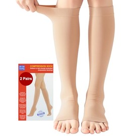 Kuzimua 2 Pairs Medical Compression Socks for Women & Men 20-30 mmHg, class 2, Open Toe Best Graduated Support Fit for Travel Flight Running Varicose Veins Pregnancy Nurses (2x Beige, L)