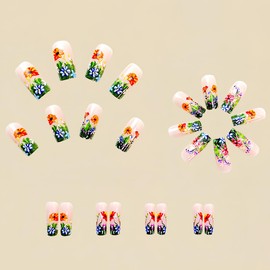 24 Pcs Spring Colorful Press on Nails Medium Square - YIHONGYAN Acrylic Nail Art Kit Fake Nails Press ons Nail Tips Glue on Nails Full Cover Glitter Flowers False Nails Stick on Nails Manicure Kit