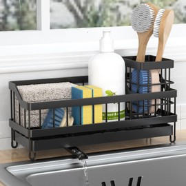 Sink Caddy, Sponge Holder for Kitchen Sink with High Brush Holder, Rustproof and Strong, Anti Slip, Self Draining spout is Ideal，Keep Countertop Organizer, Black