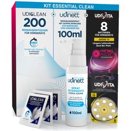 8 Batterien für Hörgeräte Größe 10 PR70 Gelb + 200 Udiclean Desinfektionstücher Taschenformat + Reinigungsspray Integrierte Bürste Udinett 100ml - Kit Essential Clean