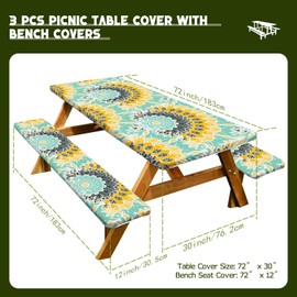 Picnic Table Cover with Bench Covers, 3 Pcs Waterproof Camping Essentials Tablecloth, Picnic Table Covers with Elastic Fitted Tablecloths for 6 Foot Rectangle Tables (Style8)