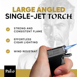 Palió Pro Scorpius Angled Black Single-Jet Refillable Butane Torch Lighter with Punch Cutter and Cigar Poker, Large Fuel Tank, Tinted Fuel Window & Adjustable Flame - High Altitude Tested