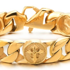 COOLSTEELANDBEYOND Mens Gold Color Stainless Steel Curb Chain Link Bracelet with Vintage Cross Charms