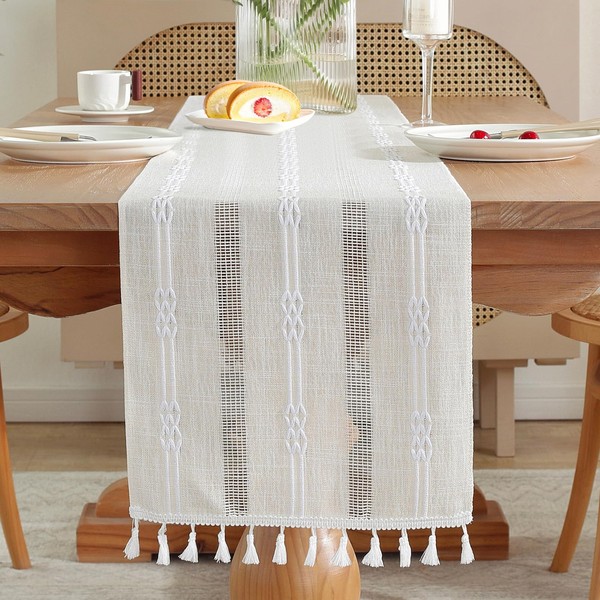 AUAUY Table Runner with Handmade Tassels, Boho Style Beige Weave
