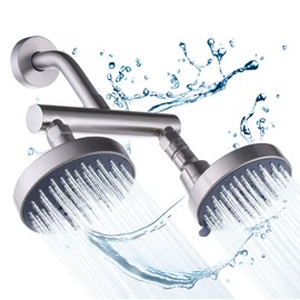 AZOS Double Shower Head with Shut-Off Valve, Bathathroom High Pressure Dual Fixed Rain Shower Head Combo with Brass Dual Outlet Manifold, Adjustable 5 Function Showerhead Brushed Nickel