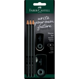FABER-CASTELL 217059 Pencil Set Sleeve, with Sharpener, Eraser and 3 Pencils, Writing Set Grip 2001 Black