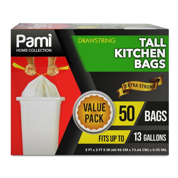 PAMI Tall 13-Gallon Kitchen Drawstring Trash Bags [50-Pack, White] - Extra-Strong Plastic Garbage Bags- Thick Trash Can Liners For Kitchen, Bathroom & Outdoor Bins- 2ft x2ft Unscented Trash Bags