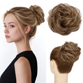 MY-LADY Messy Bun Hair Piece 100% Human Hair, Curly Hair Bun Messy Buns Hair Pieces for Women Hair Buns with Elastic Band Tousled Updo Ponytail Extension Medium Brown Mix Dark Blonde