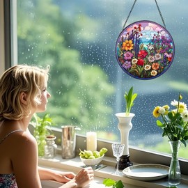 Stained Glass Window Hanging, Stunning 8''/20CM Suncatchers for Windows with Fade Resistant Hand-Painted Decorative Hanging Ornaments Captures Sunlight to Create a Vibrant Atmosphere (Wild Flower)