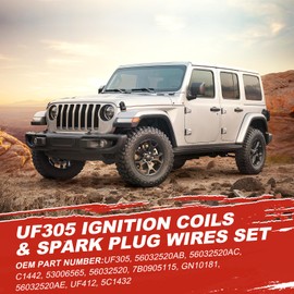 Ignition Coil Pack UF305 with 6 Spark Plug Wire Set Compatible with Chrysler Pacifica Town & Country Voyage Dodge Caravan Jeep Wrangler Volkswagen Routan 3.3L 3.8L V6 Repalce# UF305 4306 27703