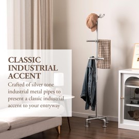 MyGift 5.5ft Freestanding Coat Rack with Silver Tone Industrial Metal Pipe Design and 12 Hooks, Entryway Organizer Stand for Hanging Coats, Hats, Purses