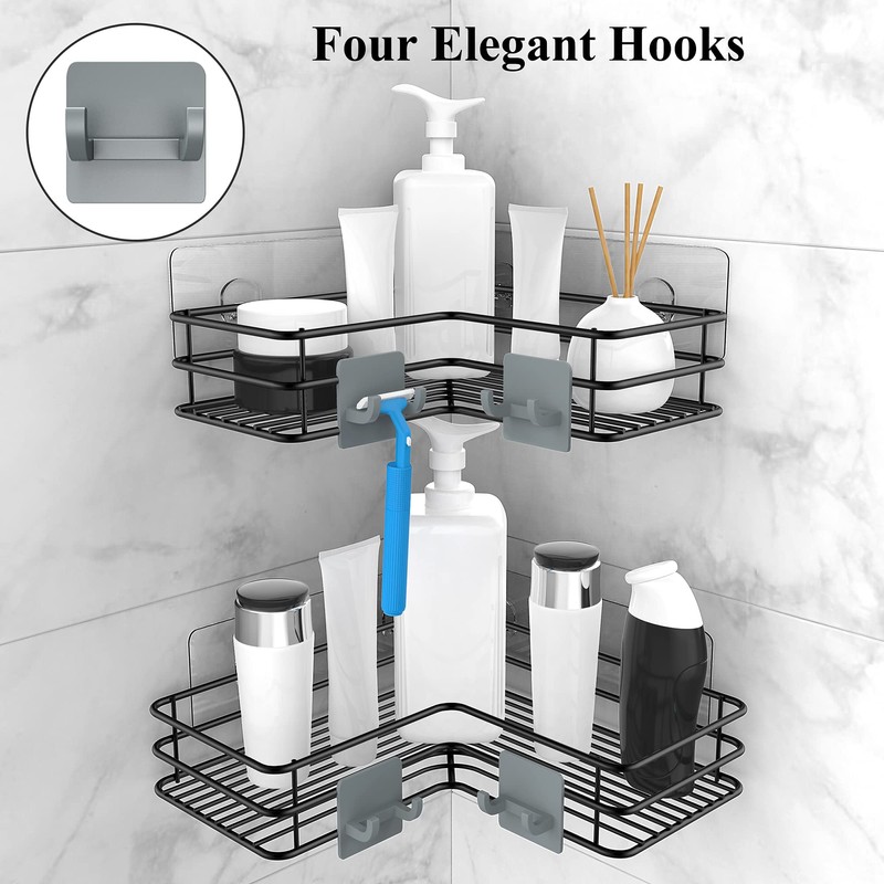 Nieifi Adhesive Corner Shower Caddy Shelf Basket Rack with Hooks,