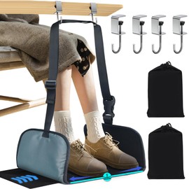 PENGARO Airplane Foot Hammock, Office Footrest with 4 Hooks Widen Airplane Footrest Long Flight Hammock Memory Foam Travel Footrest Plane Foot Sling Under Desk at Work Gaming Travel Essentials, Grey