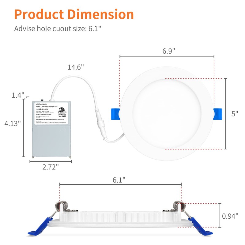 Meconard 12 Pack 6 Inch 5CCT LED Canless Recessed Lighting