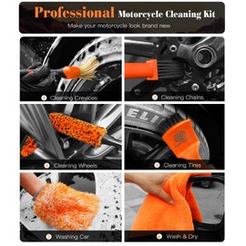 YeewayVeh 7PCS Motorcycle Cleaning Kit with 2-Size Bendable Wheel Brushes-Hard Reach Brush,Tire and Chain Brush, Boar Hair Detailing Brush, Wash Mitt & Microfiber Towel for Dirt Bike & Car Wheels